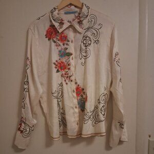 Johnny Was Embroidered Silk Blouse XL